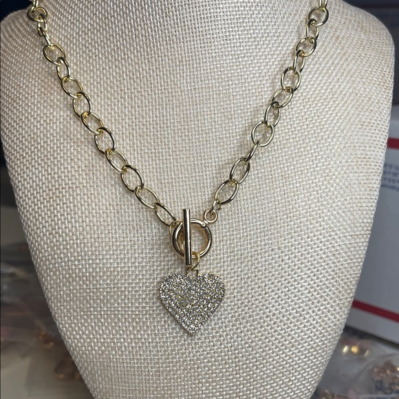 Jewelry - Gold Toggle Pave Rhinestone Heart Necklace